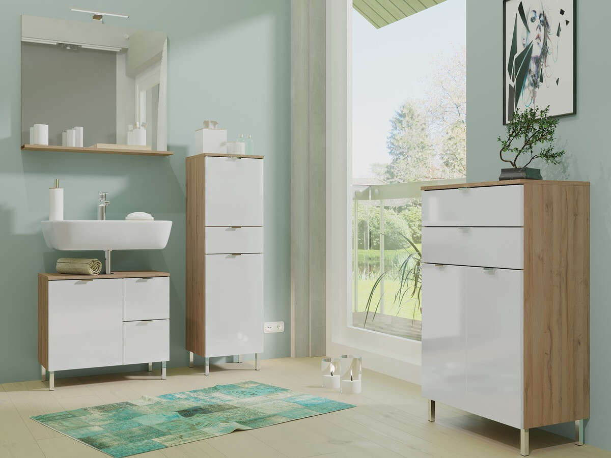 Стоящ шкаф за баня Lomcamo 102 (Бял гланц + Grandson дъб)