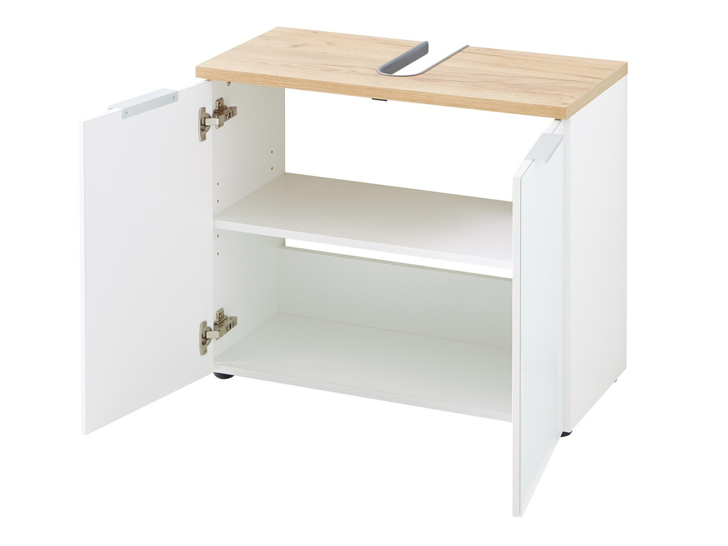 Стоящ шкаф за баня за мивка Levciro 102 (Бял гланц + Navarra дъб)