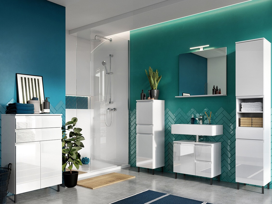 Стоящ шкаф за баня за мивка Talmira 103 (Бял + Бял гланц)