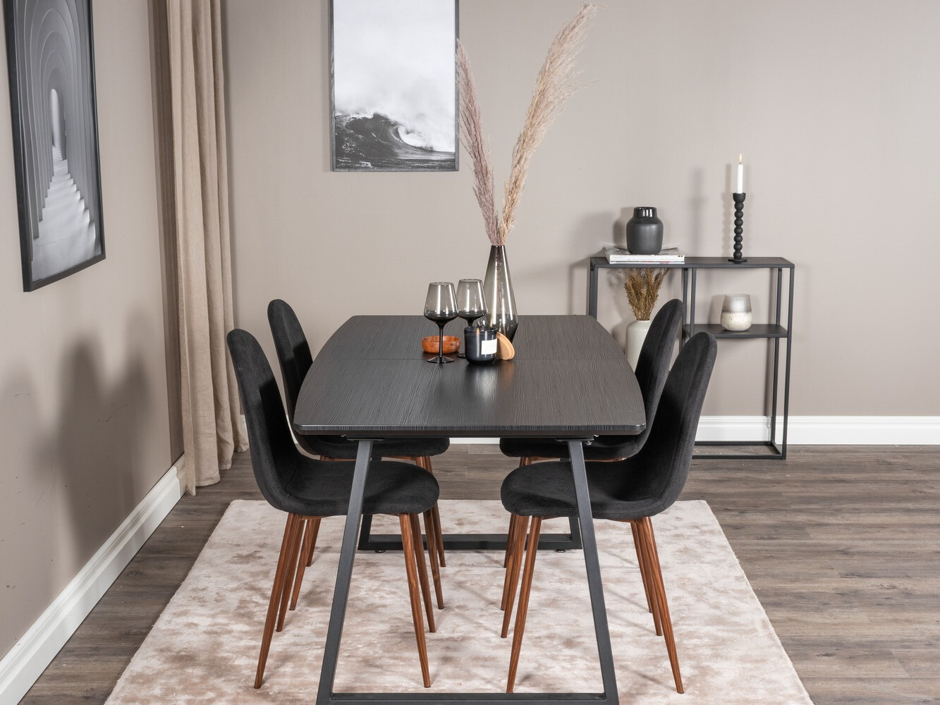 Маса и столове за трапезария Dallas 1983 (Черен + Орех)