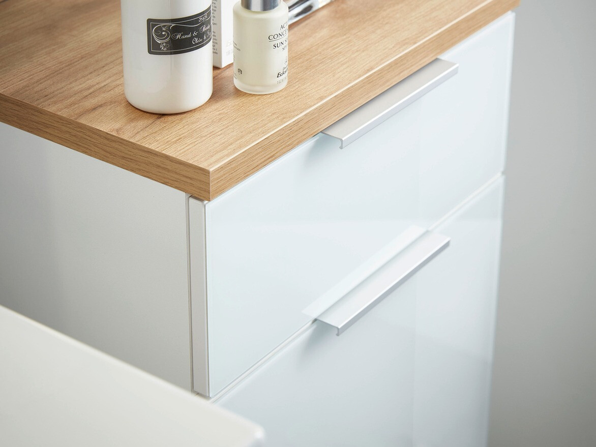 Стоящ шкаф за баня Levciro 101 (Бял гланц + Navarra дъб)