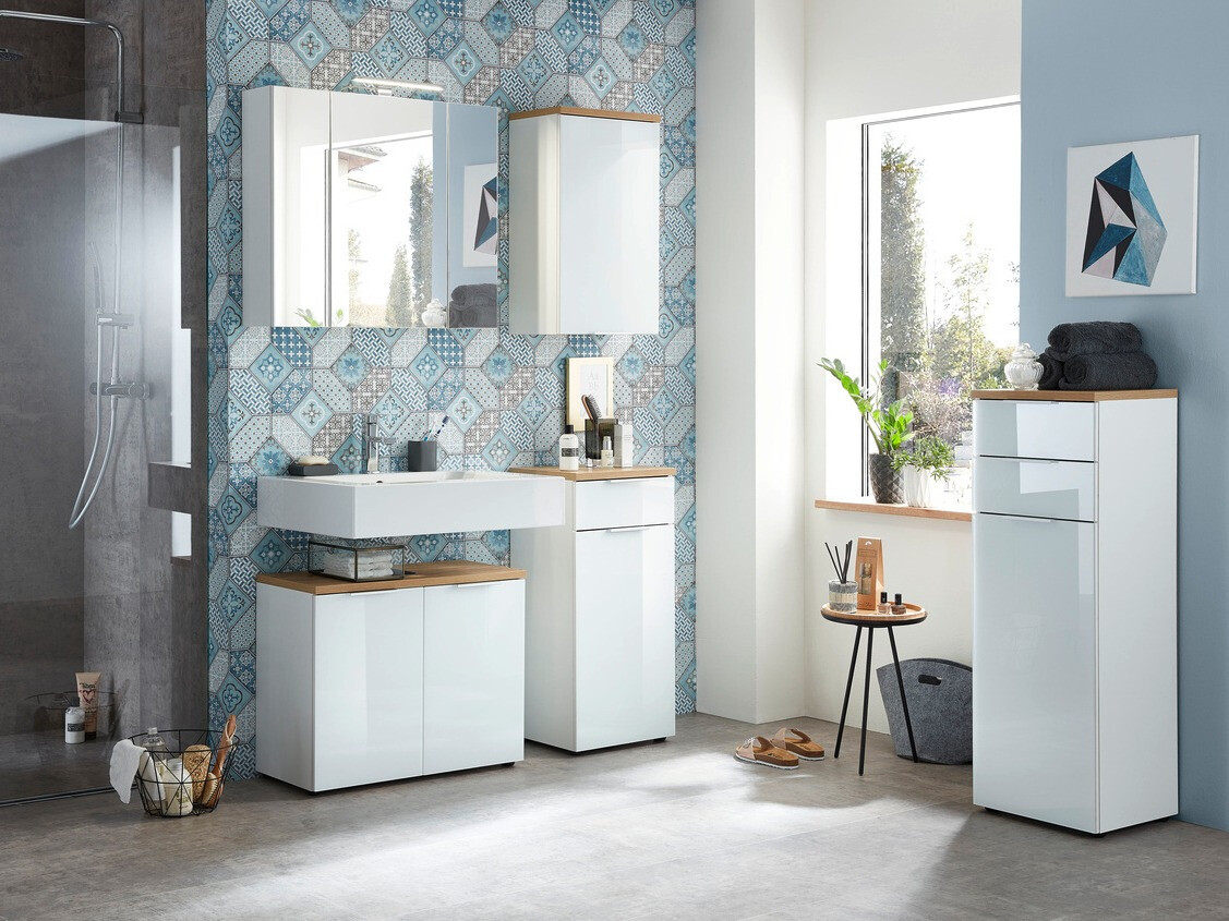 Стоящ шкаф за баня Levciro 101 (Бял гланц + Navarra дъб)