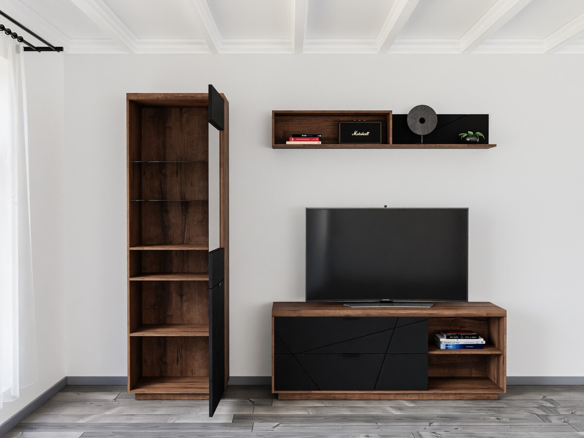 Комплект за хол Fivale 113 (Тъмен деланов дъб + Черен мат)