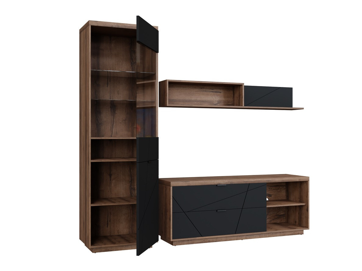 Комплект за хол Fivale 113 (Тъмен деланов дъб + Черен мат)