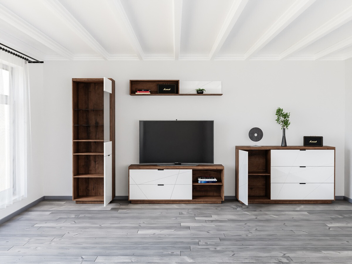 Комплект за хол Fivale 114 (Тъмен деланов дъб + Бял гланц)