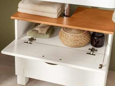 Стоящ шкаф за баня за мивка Ophlevu 102 (Бял + Меден дъб)