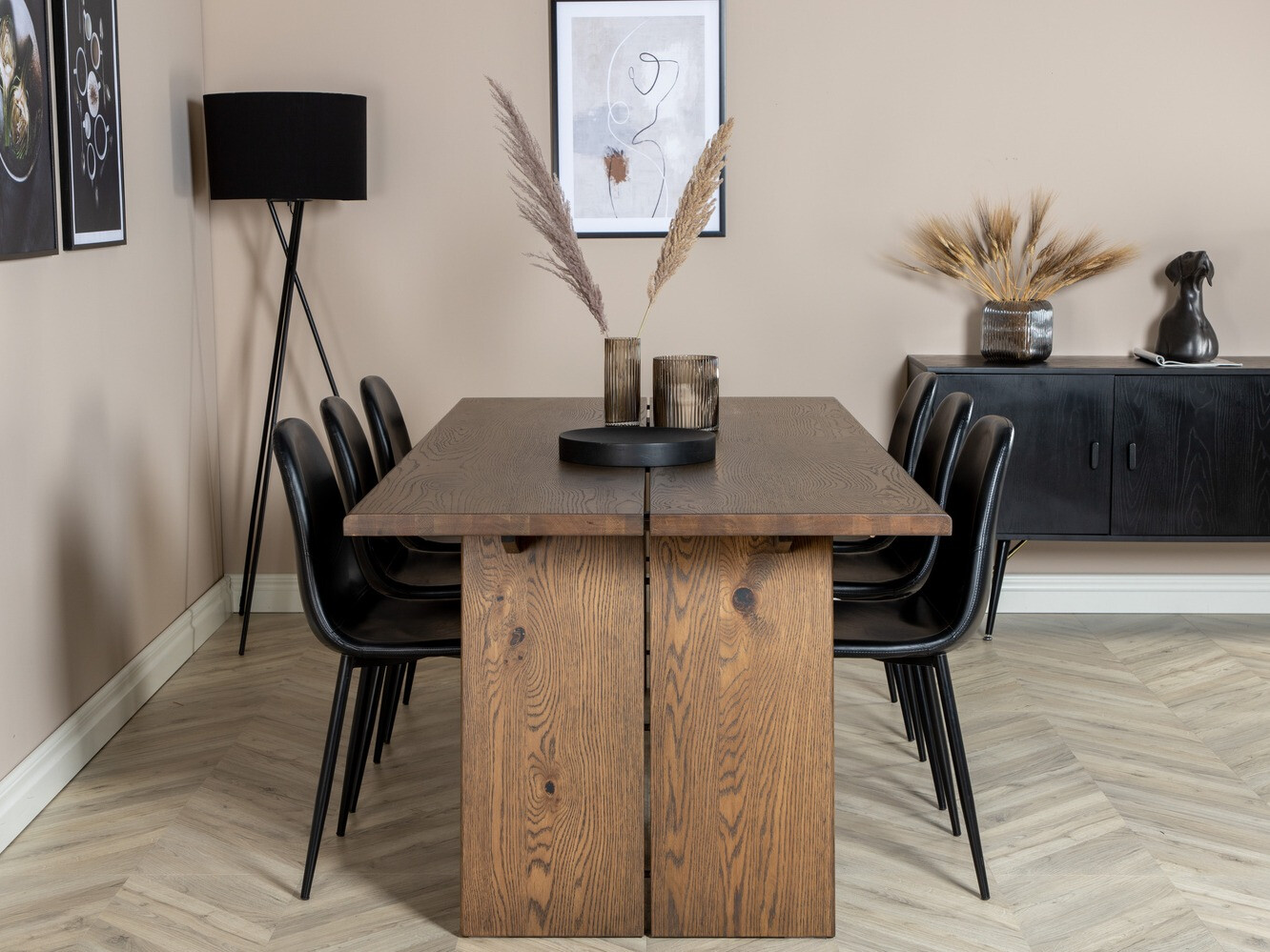 Маса и столове за трапезария Dallas 1841 (Тъмен дъб + Черен)