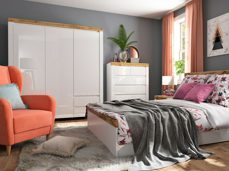 Гардероб Sonsoru 120 (Бял + Бял гланц + Дъб уотан)