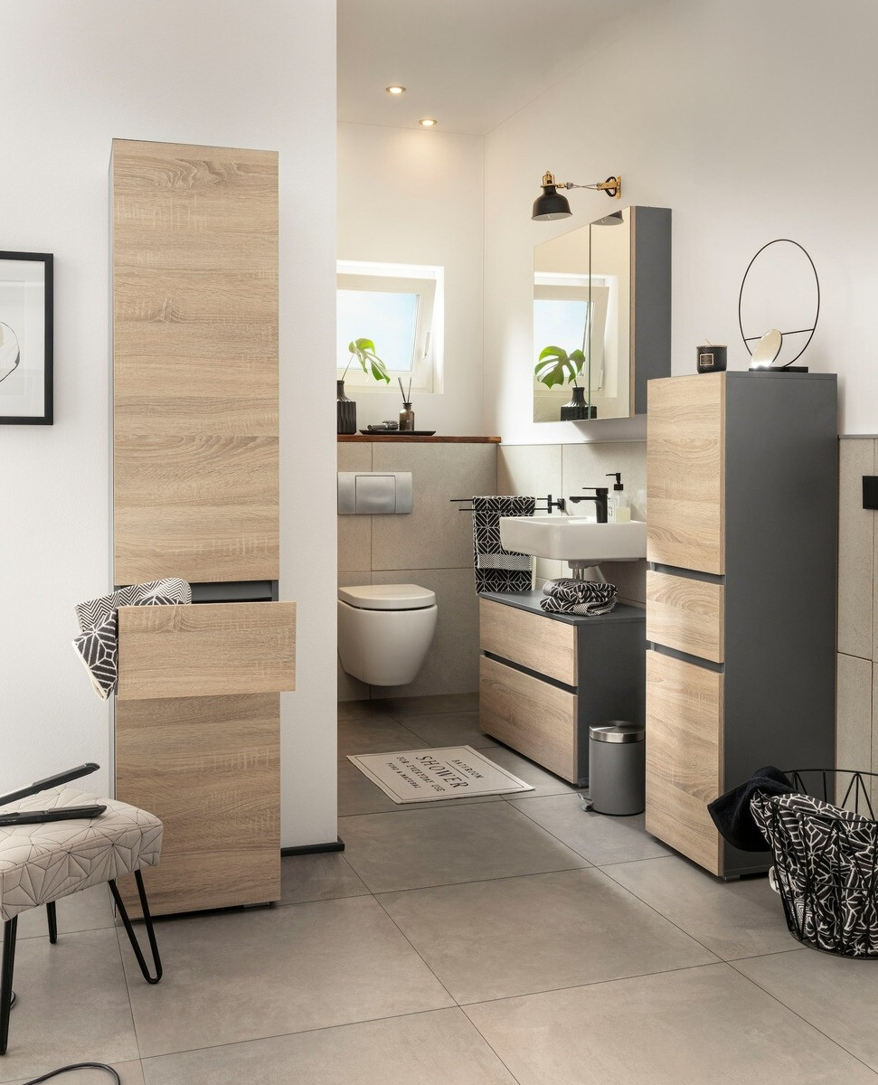 Стоящ шкаф за баня Soncamu 102 (Антрацит + Дъб)