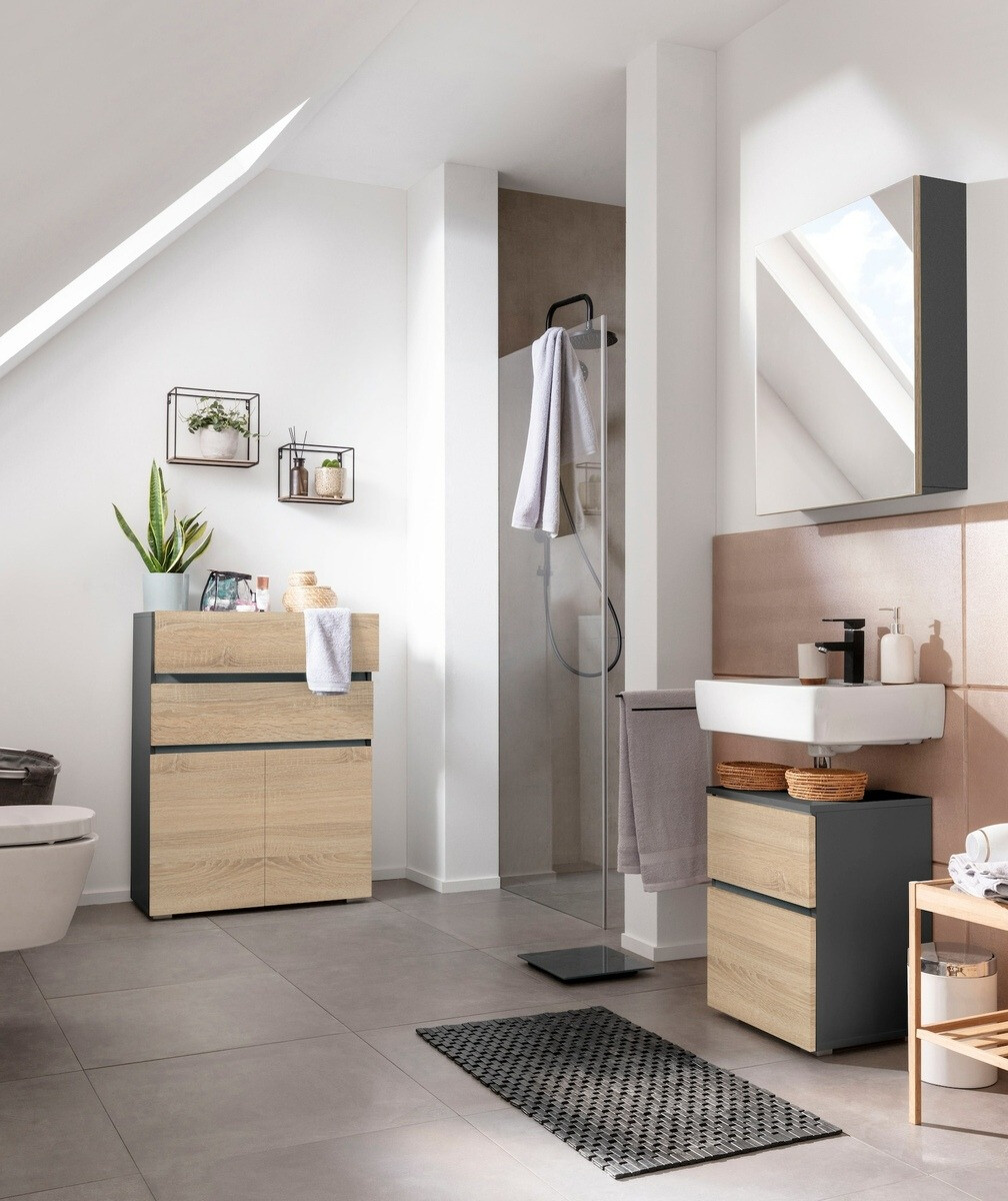 Стоящ шкаф за баня за мивка Soncamu 103 (Антрацит + Дъб)