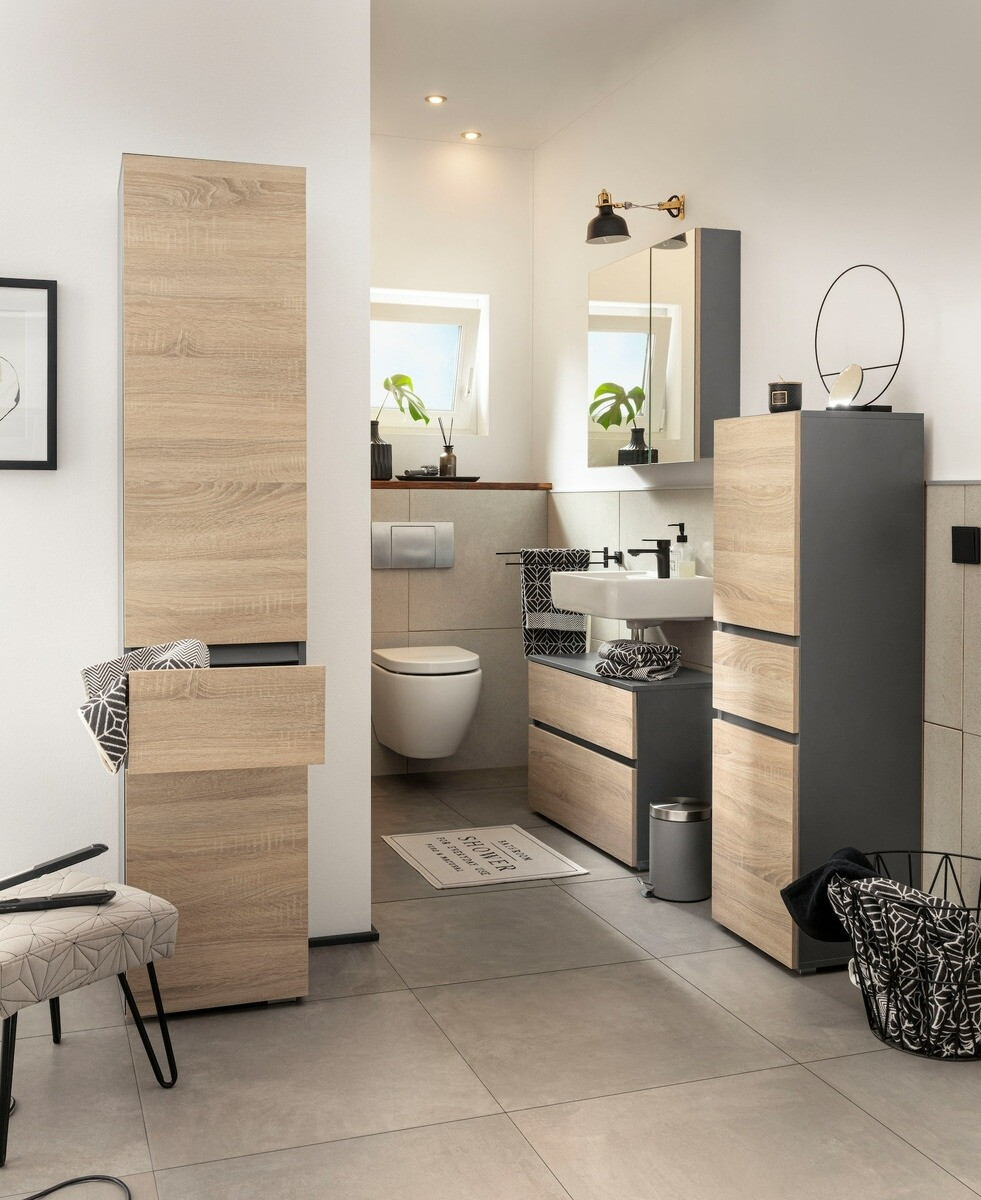 Стоящ шкаф за баня Soncamu 106 (Антрацит + Дъб)