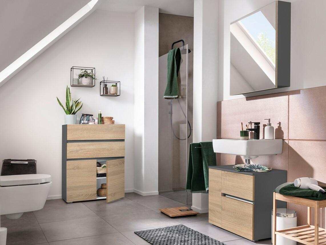 Стоящ шкаф за баня за мивка Soncamu 108 (Антрацит + Дъб)