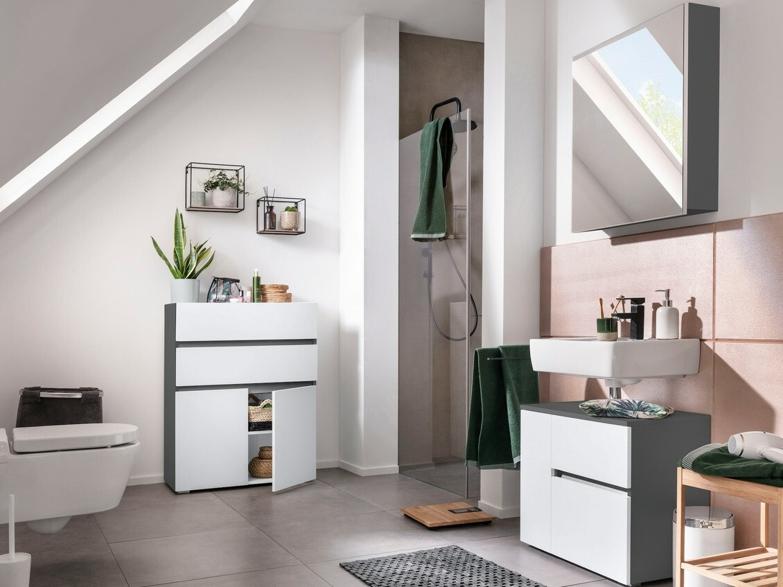 Стоящ шкаф за баня за мивка Soncamu 108 (Бял + Антрацит)