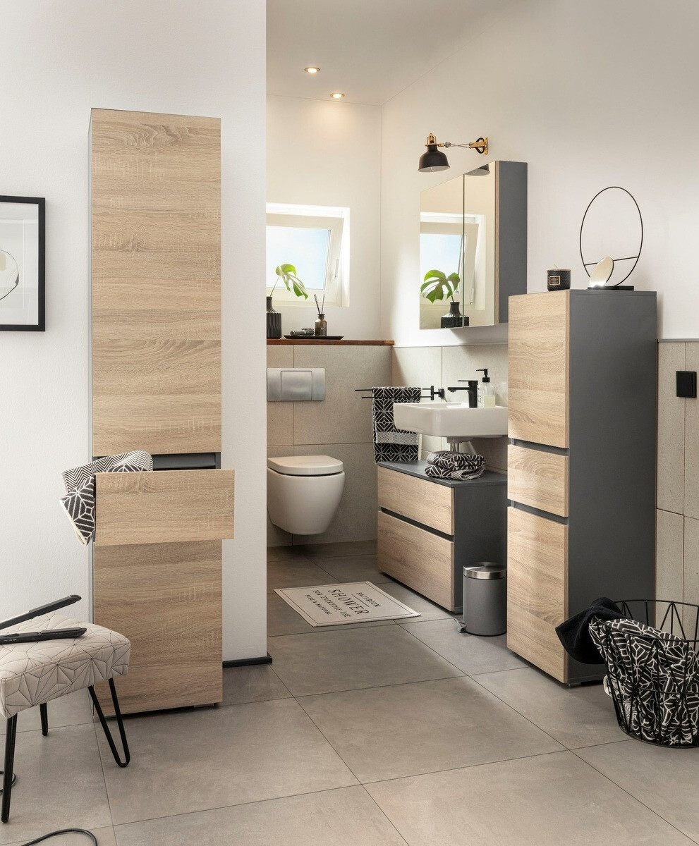 Стоящ шкаф за баня за мивка Soncamu 109 (Антрацит + Дъб)