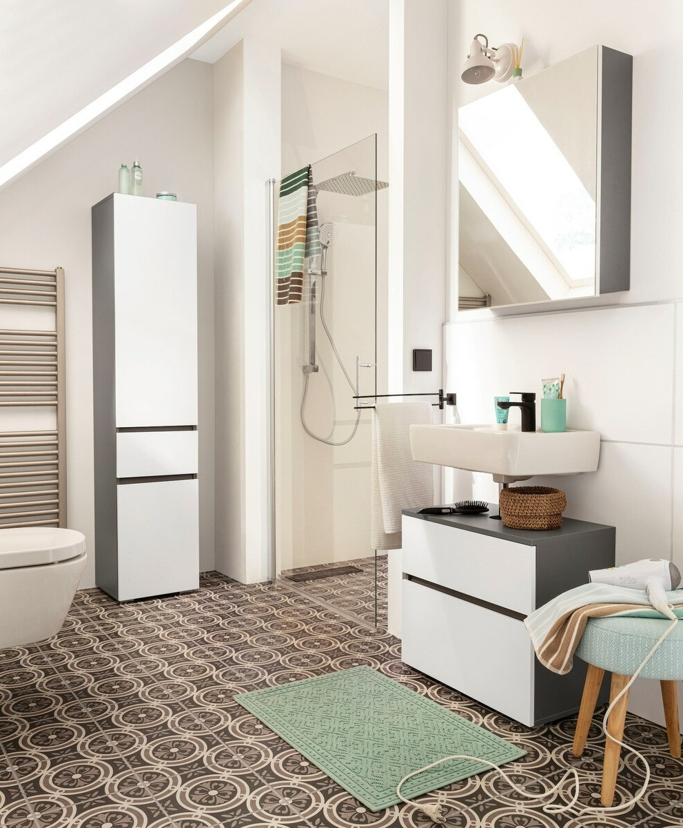 Стоящ шкаф за баня за мивка Soncamu 110 (Бял + Антрацит)