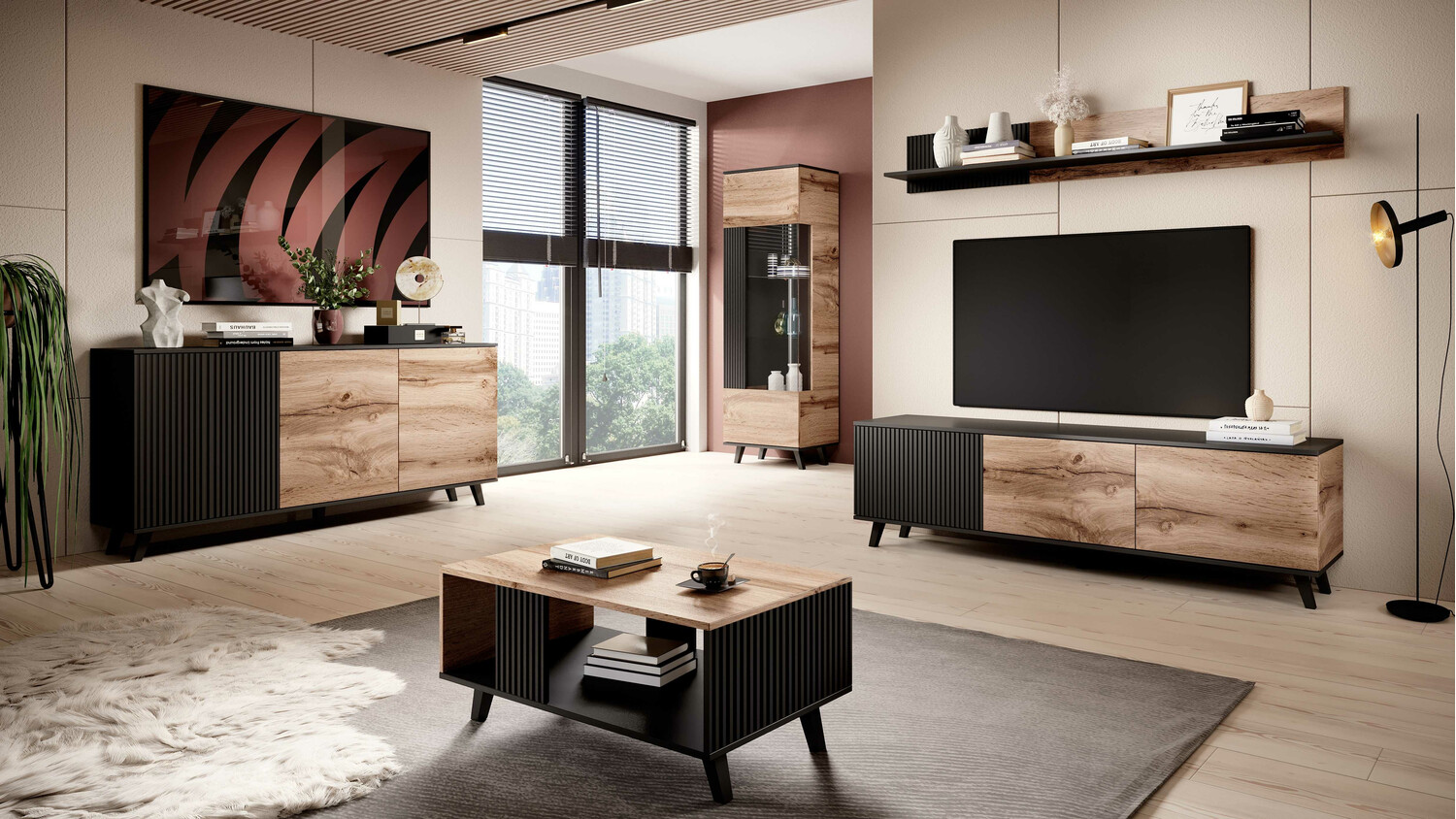 Етажерка Luelia 112 (Черен + Дъб уотан)