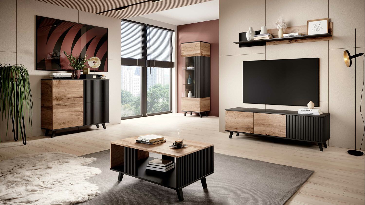 Етажерка Luelia 112 (Черен + Дъб уотан)