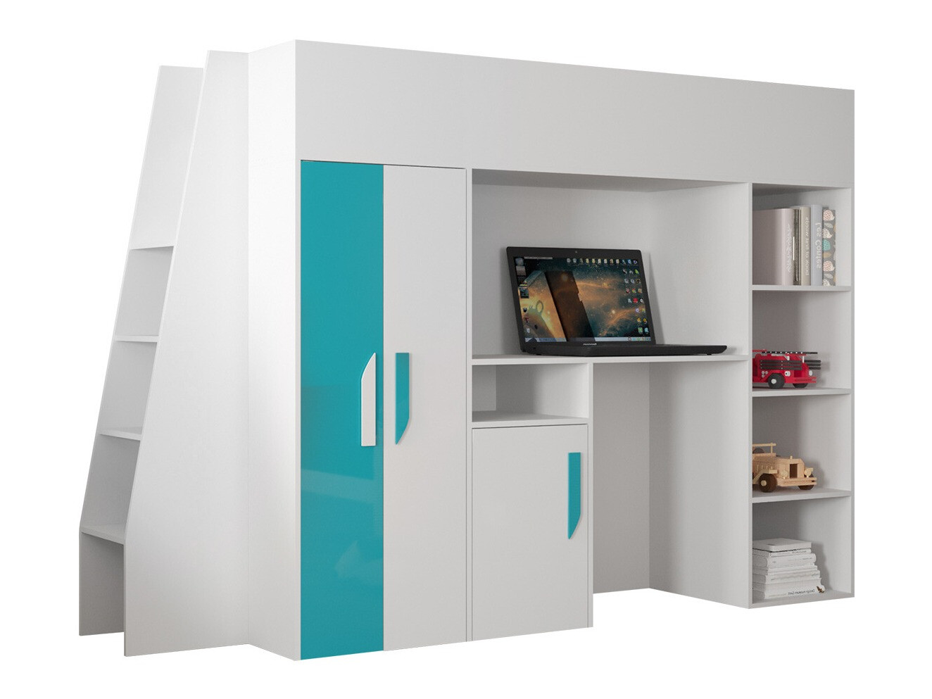 Високо легло Hartford 355 (Бял + Блясък Тюркоаз + Бял гланц)