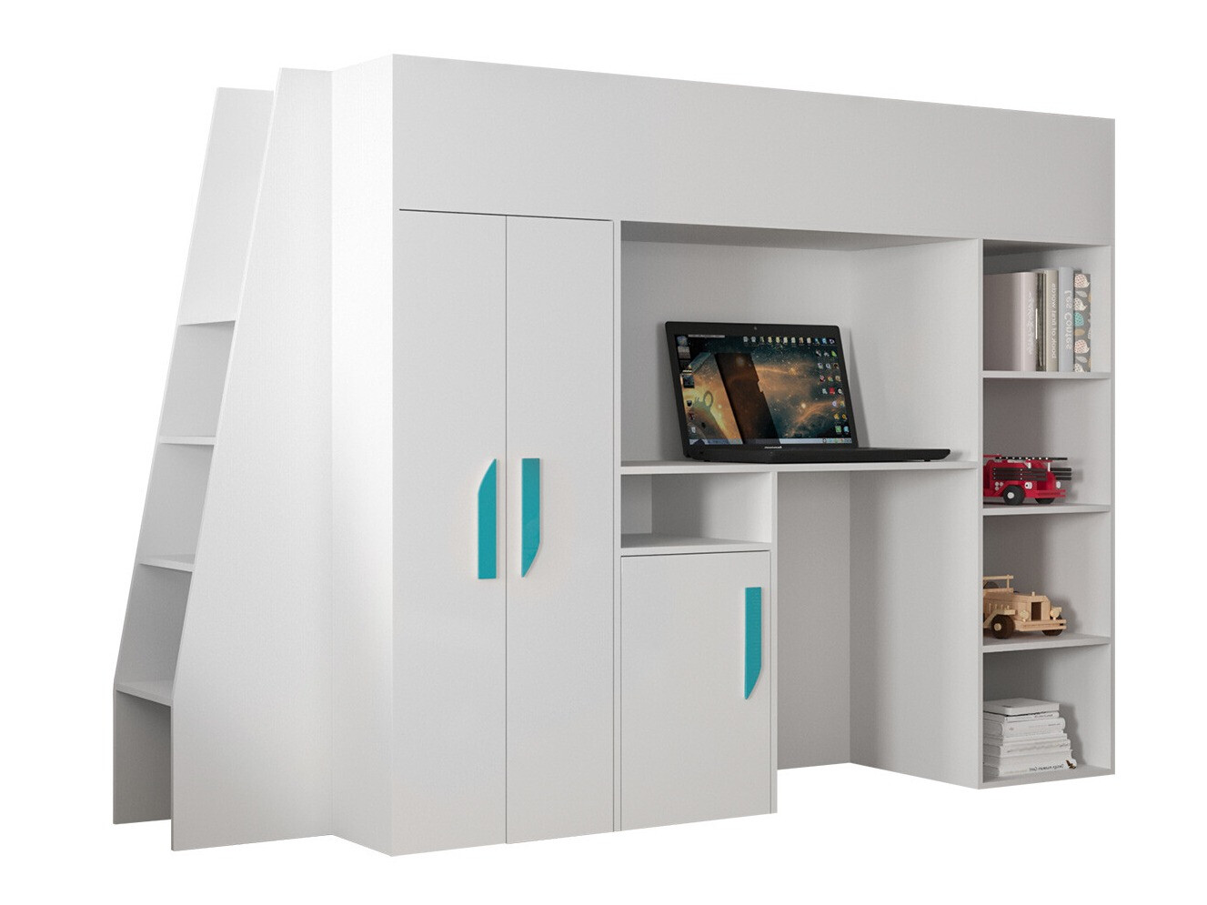 Високо легло Hartford 355 (Бял + Бял гланц + Тюркоаз)