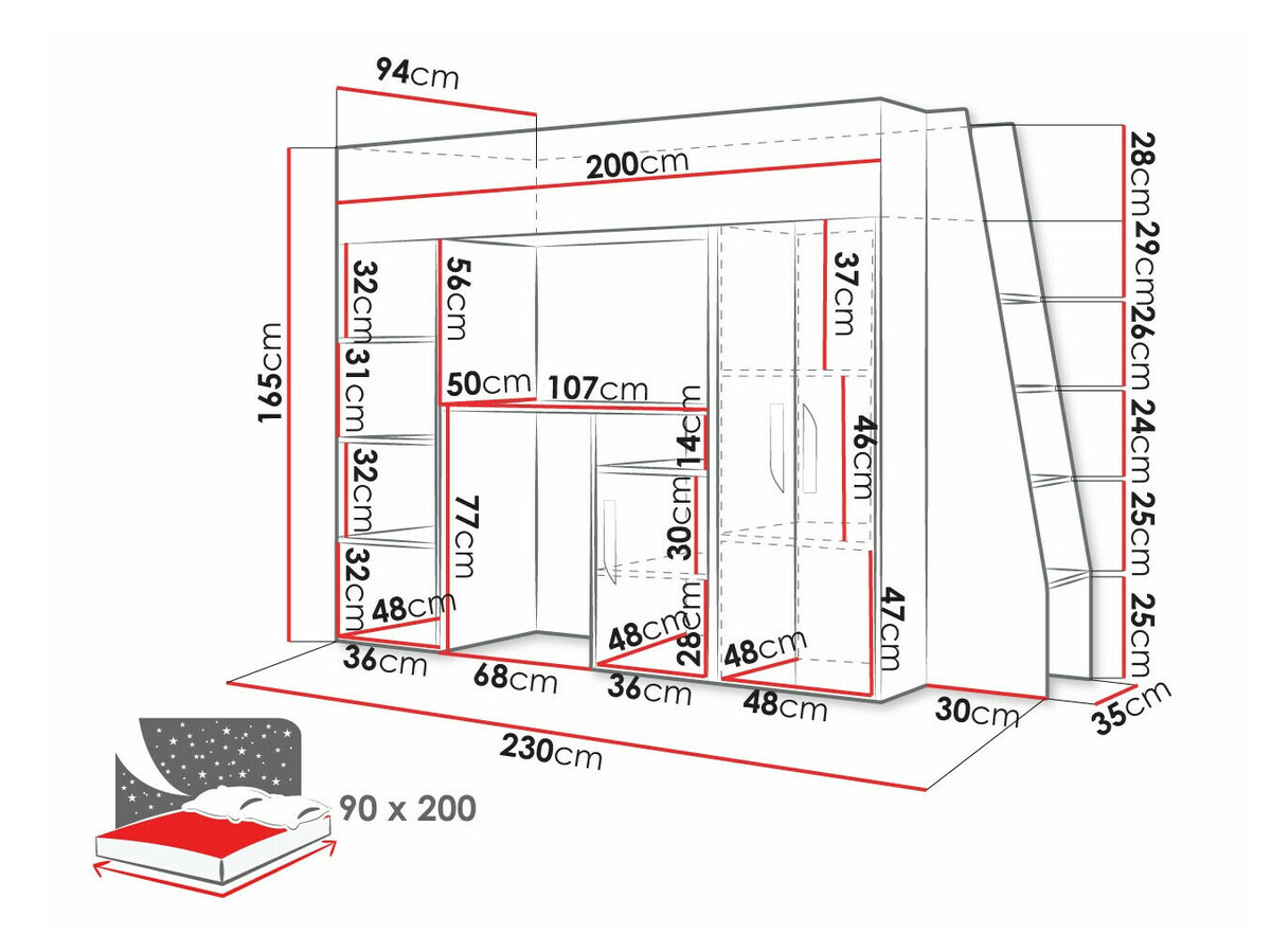 Високо легло Hartford 355 (Бял + Бял гланц + Черен)