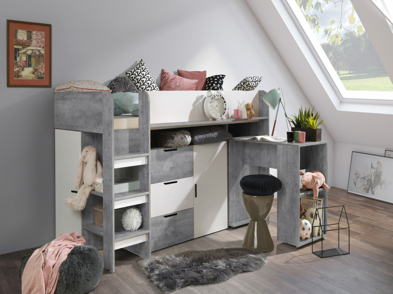 Високо легло Hartford 363 (Бетон + Бял)