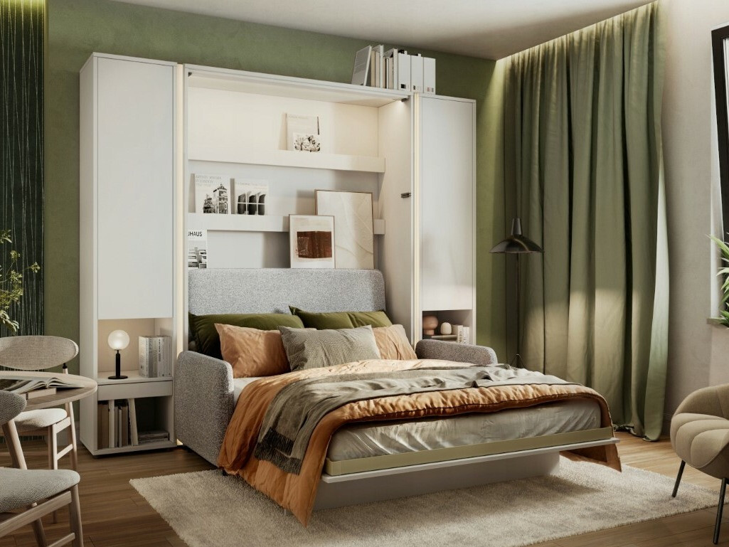 Падащо легло Concept Pro Lenart Levfere 138 (Бял гланц + Сив)