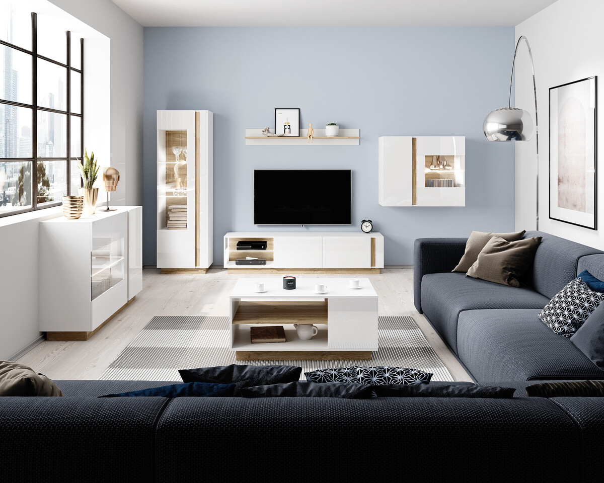 ТВ шкаф Novbela 108 (Бял + Бял гланц + Grandson дъб)