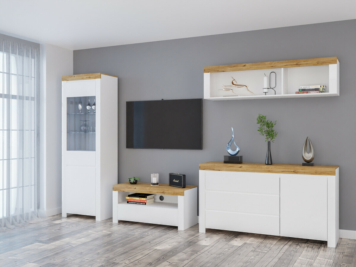 Комплект за хол Sonsoru 144 (Бял + Бял гланц + Дъб уотан)