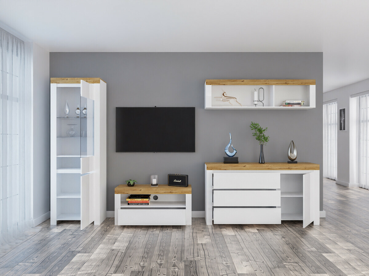 Комплект за хол Sonsoru 144 (Бял + Бял гланц + Дъб уотан)