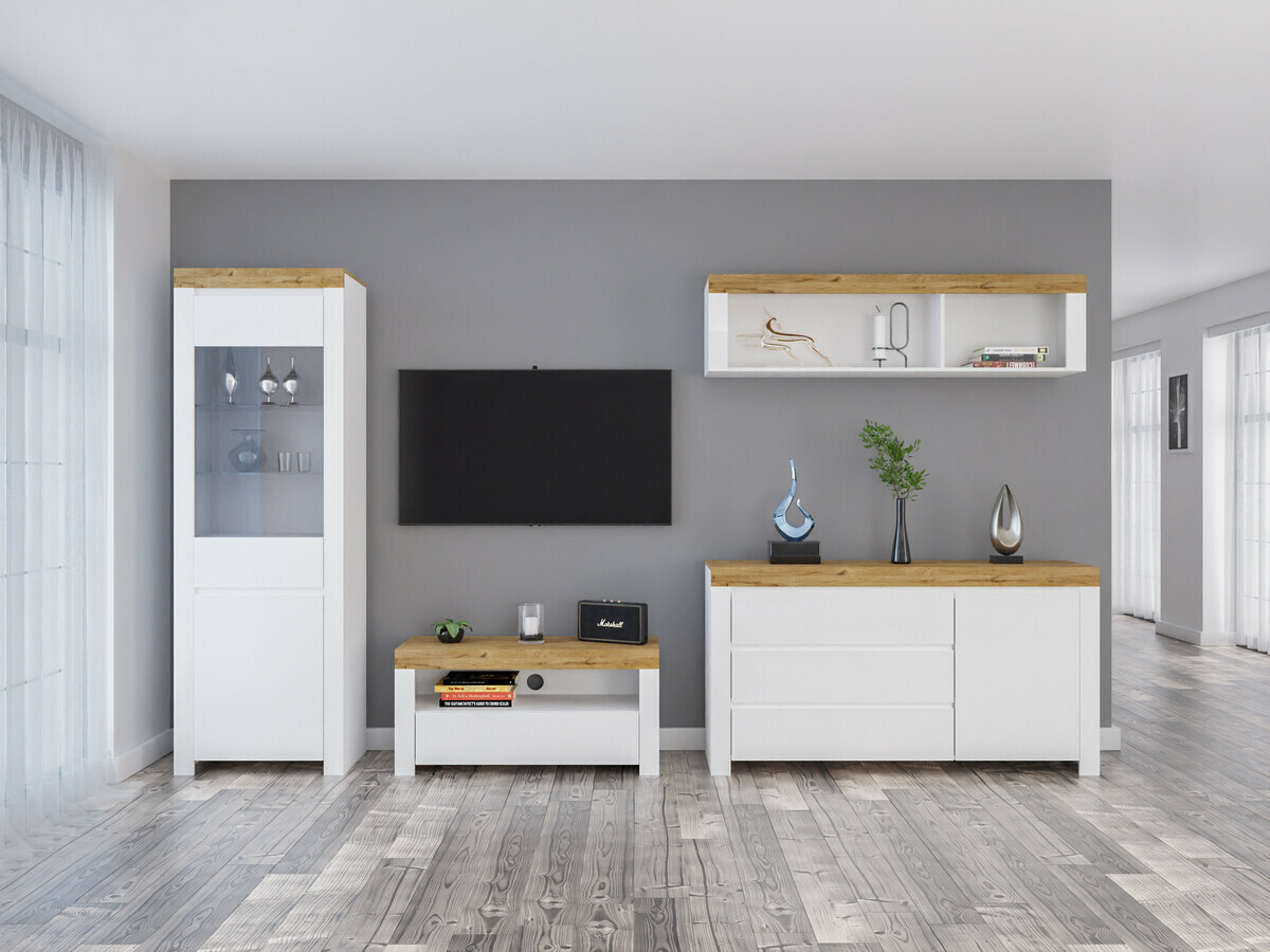 Комплект за хол Sonsoru 144 (Бял + Бял гланц + Дъб уотан)