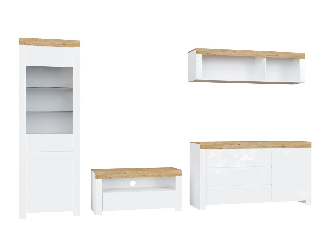 Комплект за хол Sonsoru 144 (Бял + Бял гланц + Дъб уотан)