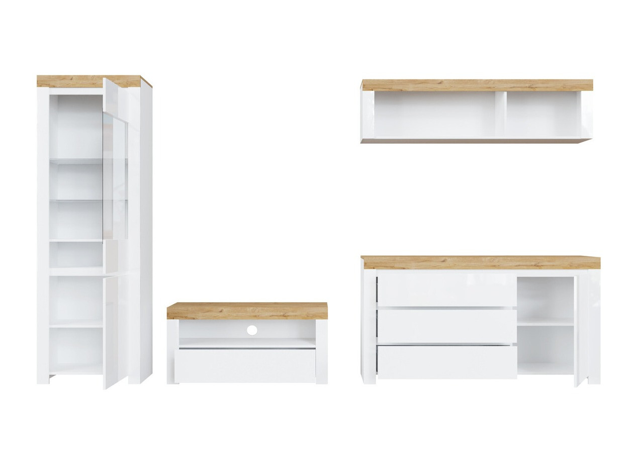 Комплект за хол Sonsoru 144 (Бял + Бял гланц + Дъб уотан)