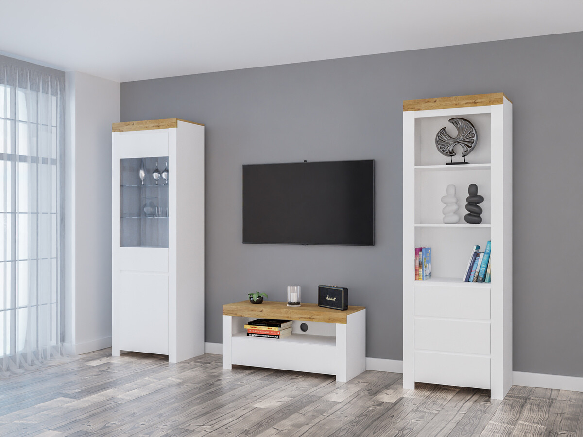 Комплект за хол Sonsoru 145 (Бял + Бял гланц + Дъб уотан)