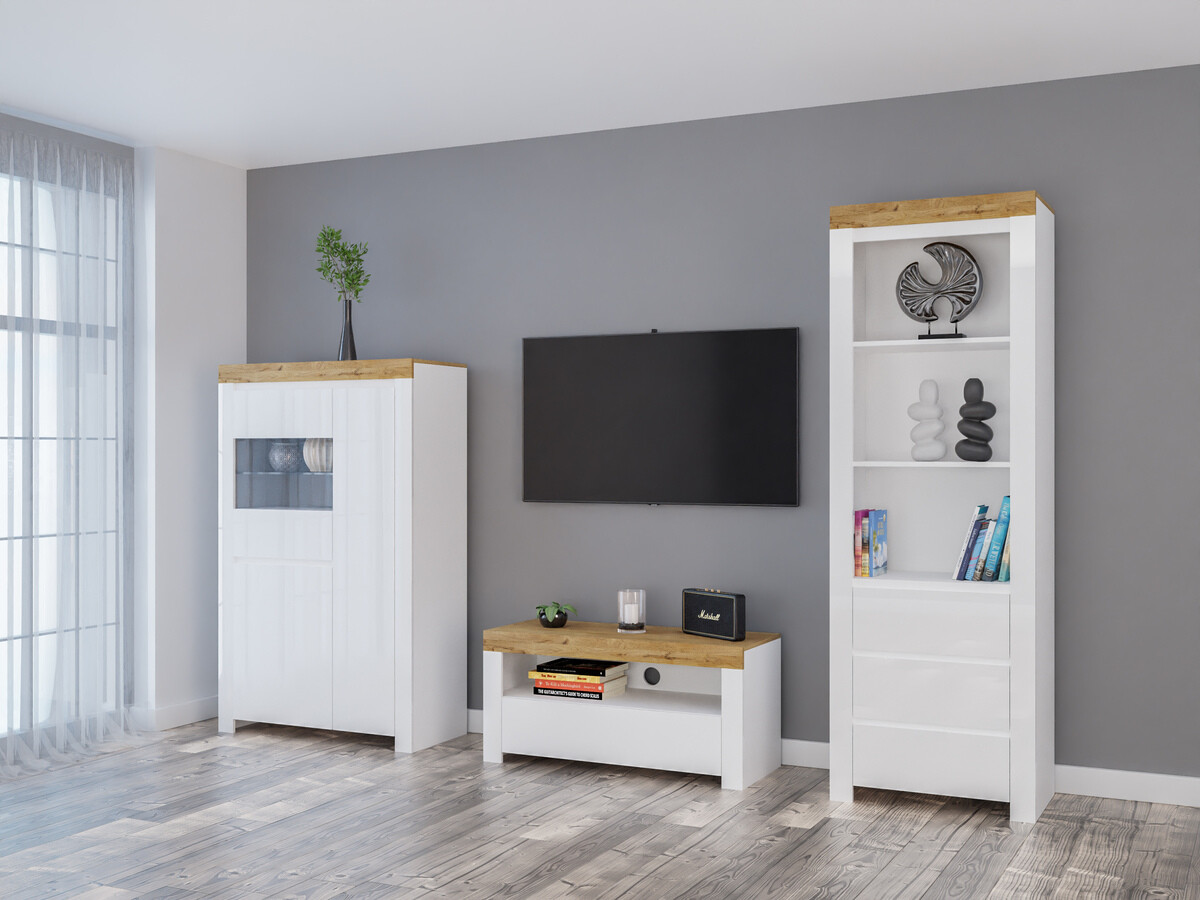 Комплект за хол Sonsoru 146 (Бял + Бял гланц + Дъб уотан)