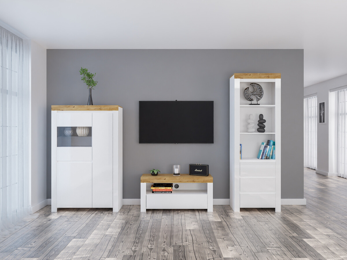 Комплект за хол Sonsoru 146 (Бял + Бял гланц + Дъб уотан)