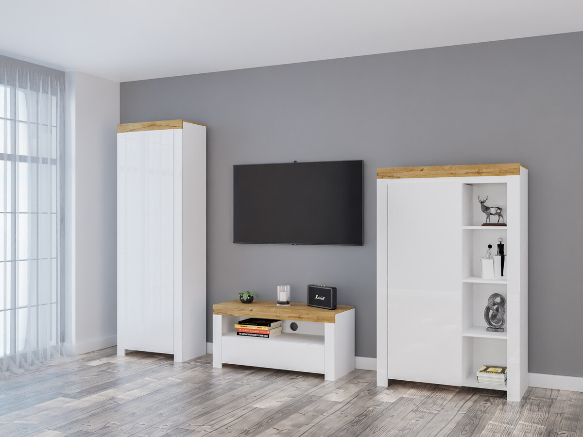 Комплект за хол Sonsoru 147 (Бял + Бял гланц + Дъб уотан)