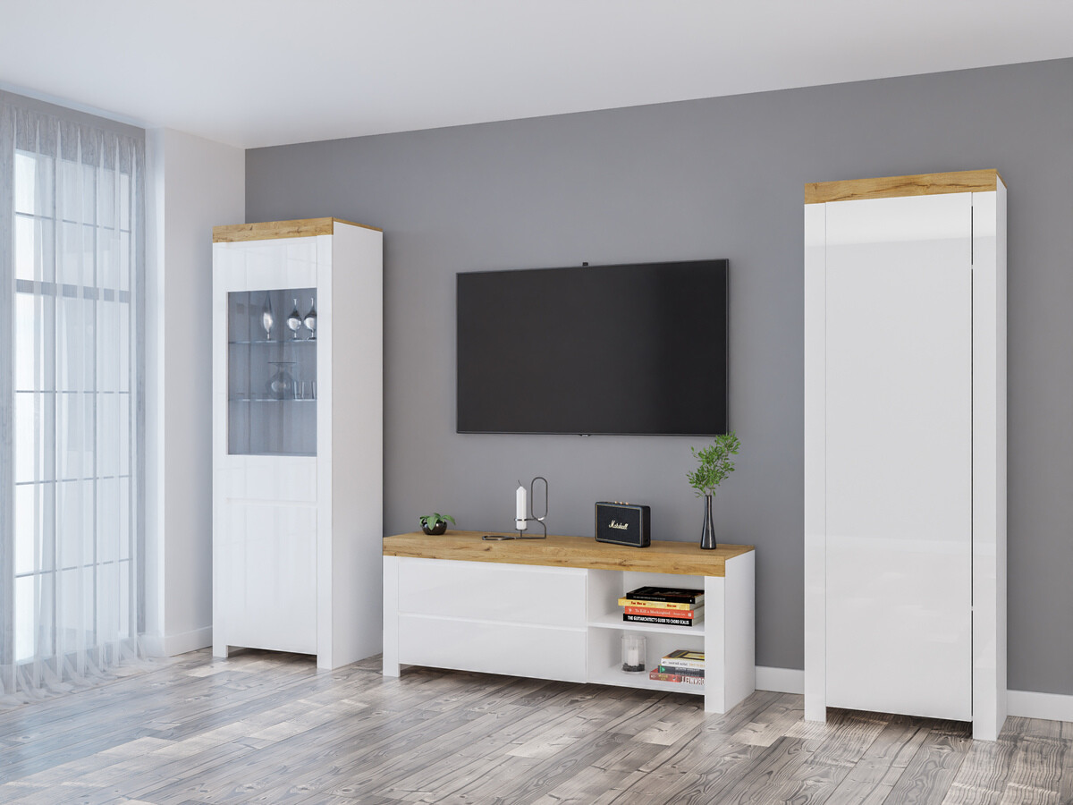 Комплект за хол Sonsoru 148 (Бял + Бял гланц + Дъб уотан)