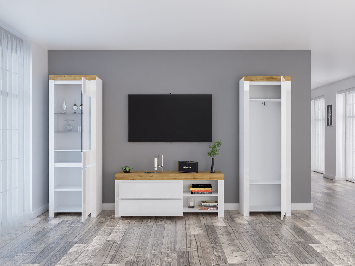 Комплект за хол Sonsoru 148 (Бял + Бял гланц + Дъб уотан)