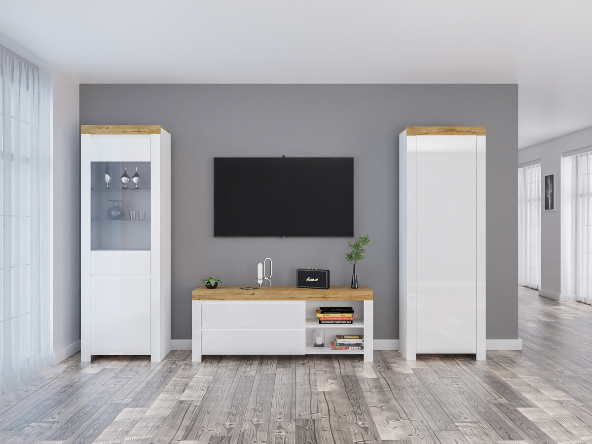 Комплект за хол Sonsoru 148 (Бял + Бял гланц + Дъб уотан)