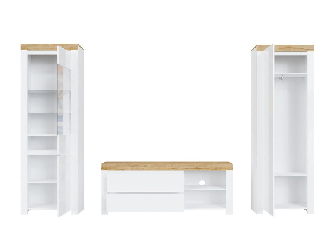 Комплект за хол Sonsoru 148 (Бял + Бял гланц + Дъб уотан)