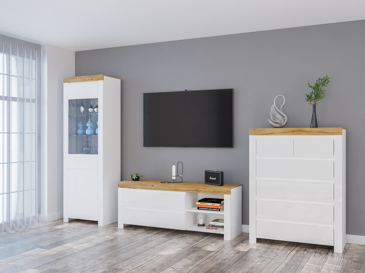 Комплект за хол Sonsoru 149 (Бял + Бял гланц + Дъб уотан)