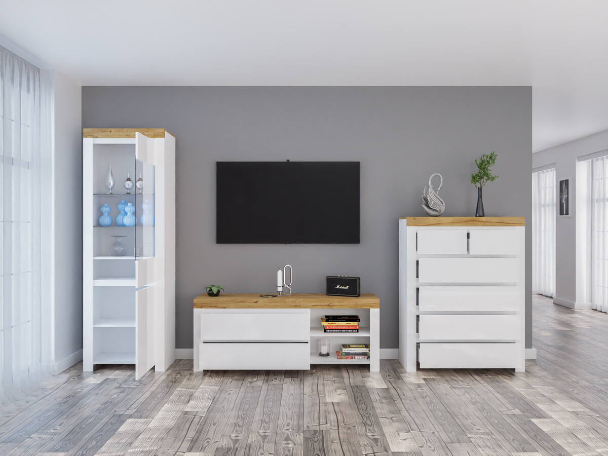 Комплект за хол Sonsoru 149 (Бял + Бял гланц + Дъб уотан)