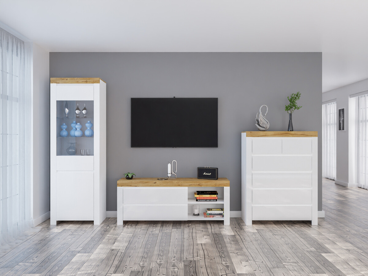 Комплект за хол Sonsoru 149 (Бял + Бял гланц + Дъб уотан)