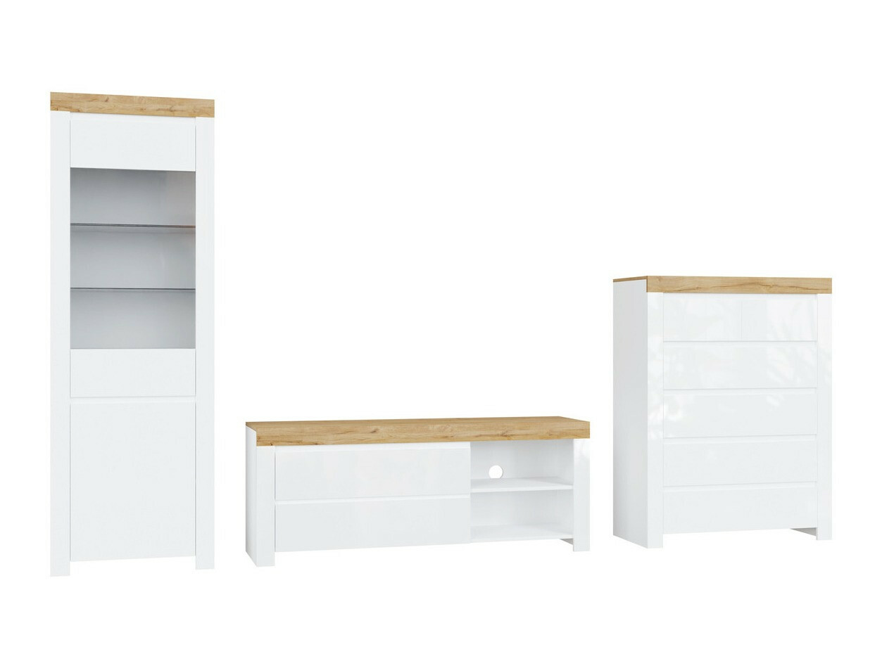 Комплект за хол Sonsoru 149 (Бял + Бял гланц + Дъб уотан)