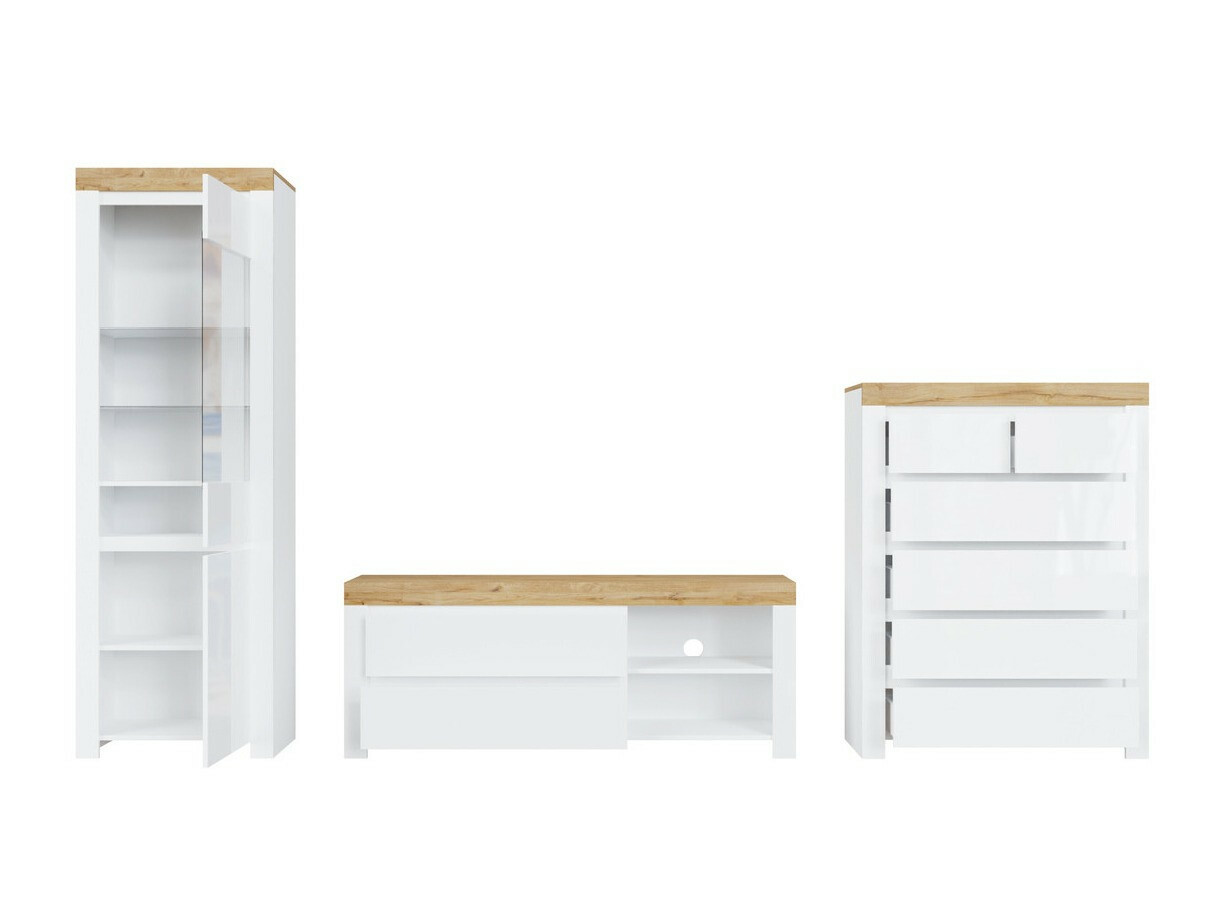 Комплект за хол Sonsoru 149 (Бял + Бял гланц + Дъб уотан)