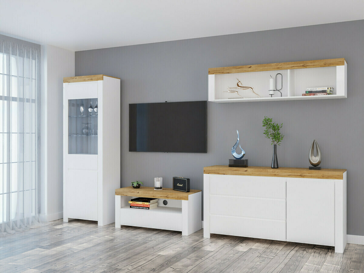 Стенна етажерка Sonsoru 109 (Бял + Бял гланц + Дъб уотан)