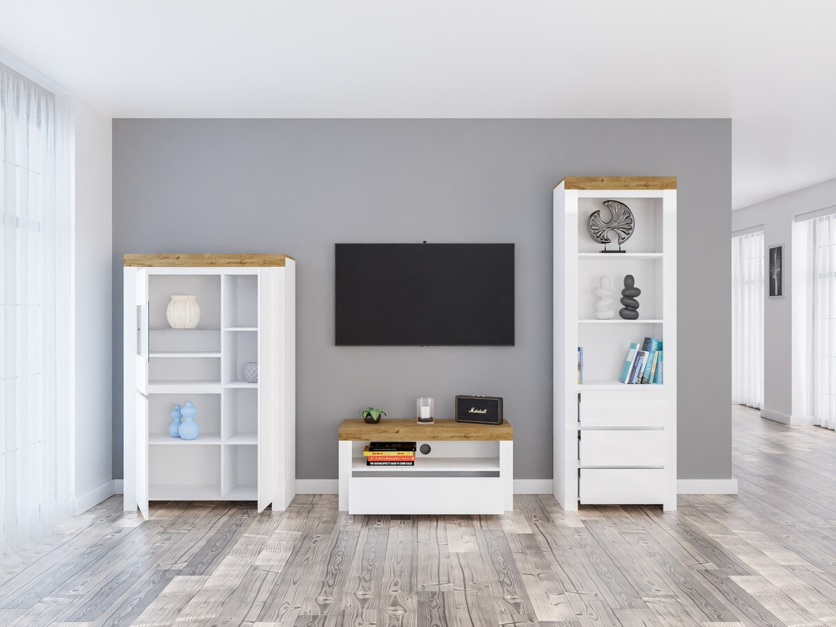 Комплект за хол Sonsoru 146 (Бял + Бял гланц + Дъб уотан)