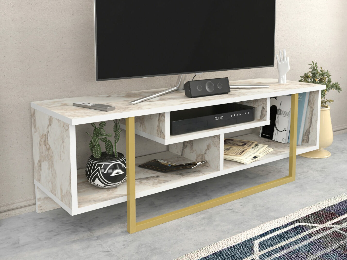 ТВ шкаф Kailua 246 (Бял мрамор + Златно)