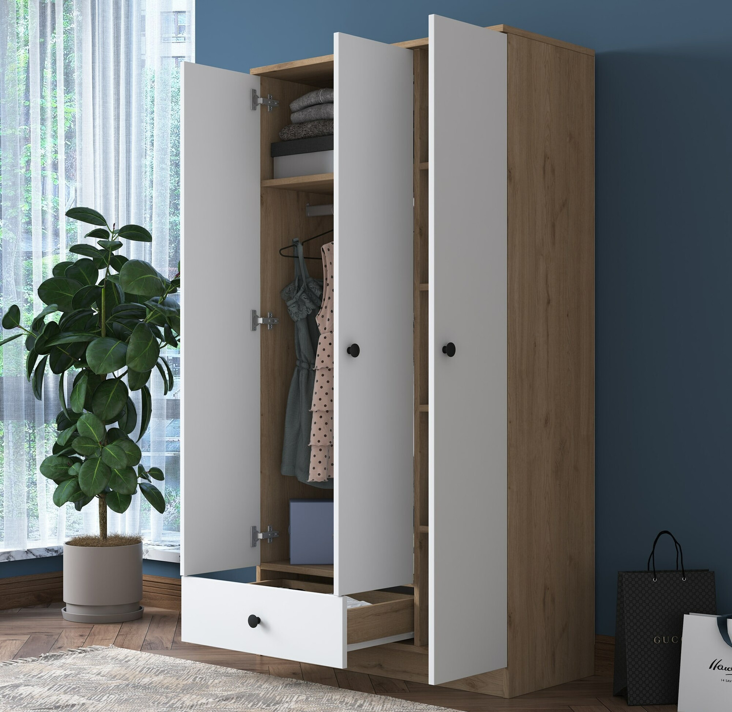 Гардероб Kailua 661 (Бял + Орех)