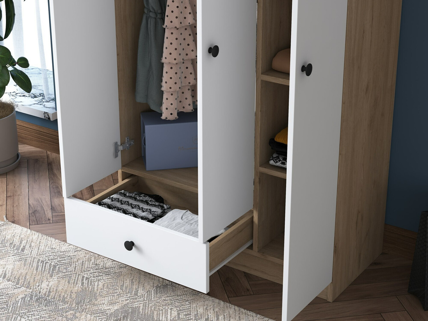 Гардероб Kailua 661 (Бял + Орех)